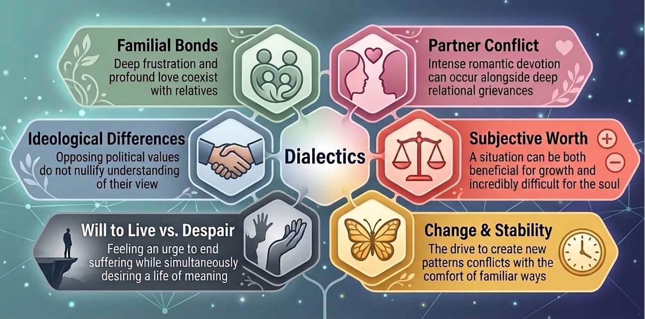 Infographic showing core dialectics concepts in DBT, illustrating how opposing emotions and thoughts coexist.